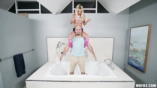 Sporty blonde girl in pink socks fucked hard in the bathroom